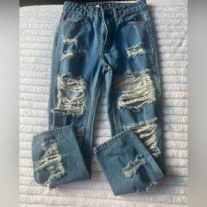 Fashion nova distressed jeans, boyfriend jeans, medium wash